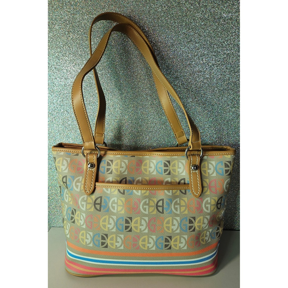 Gianni Bernini Tote Bag Monogram Canvas‎ Leather Trim MultiColor Stripes NWOT